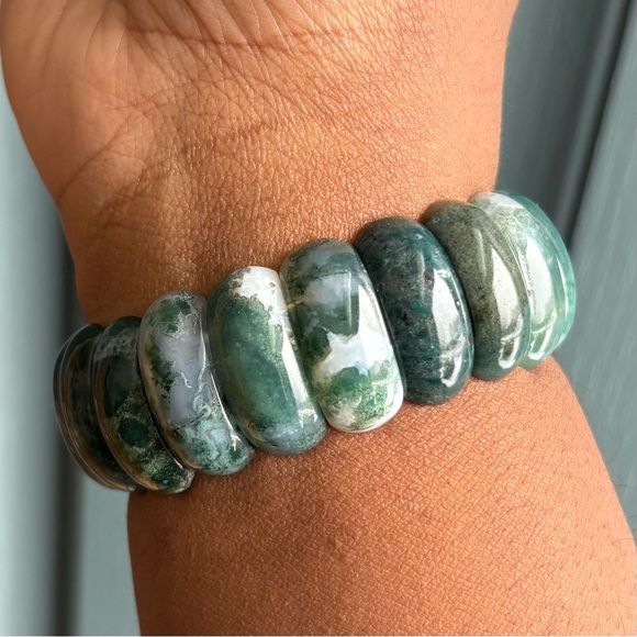 Moss Agate Stretch Bangle Crystal Bracelet 25mm - Picture 5 of 8